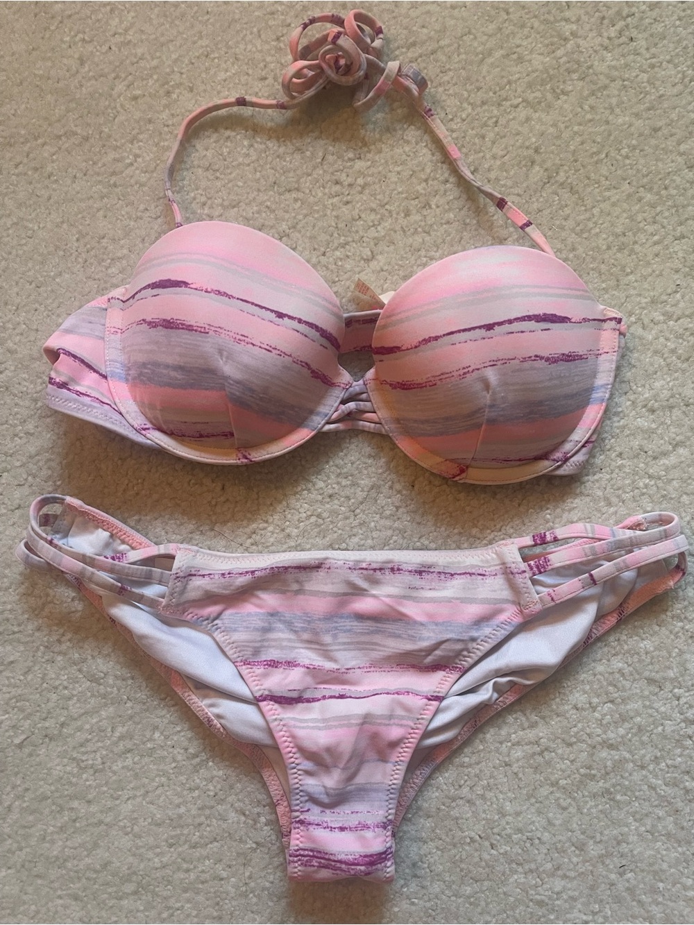 Victoria's Secret Pink Striped Bandeau Bikini with Strappy Sides